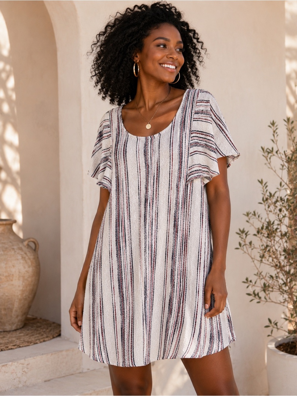 Anthropologie  Akemi + Kin Striped Dress - Cream with Black & Burgundy Stripes